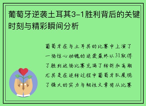 葡萄牙逆袭土耳其3-1胜利背后的关键时刻与精彩瞬间分析